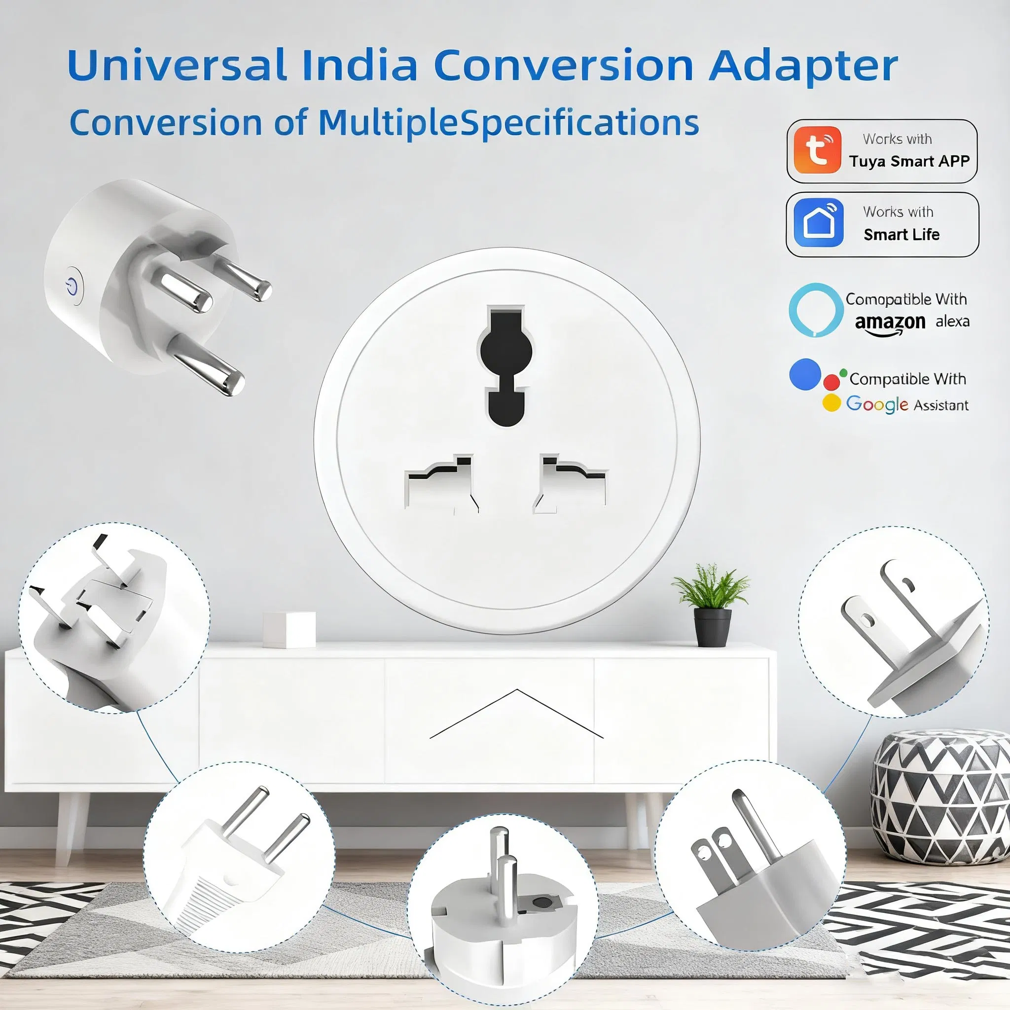 Adaptador de Plugue Inteligente Tuya Índia África do Sul para Tomada Universal Inteligente com Monitor de Energia Alexa Google, 6 Modos de Temporização, Controle em Grupo