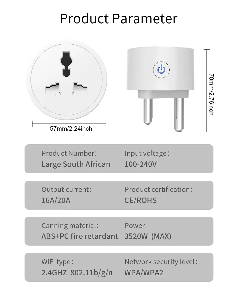 Adaptador de Plugue Inteligente Tuya Índia África do Sul para Tomada Universal Inteligente com Monitor de Energia Alexa Google, 6 Modos de Temporização, Controle em Grupo