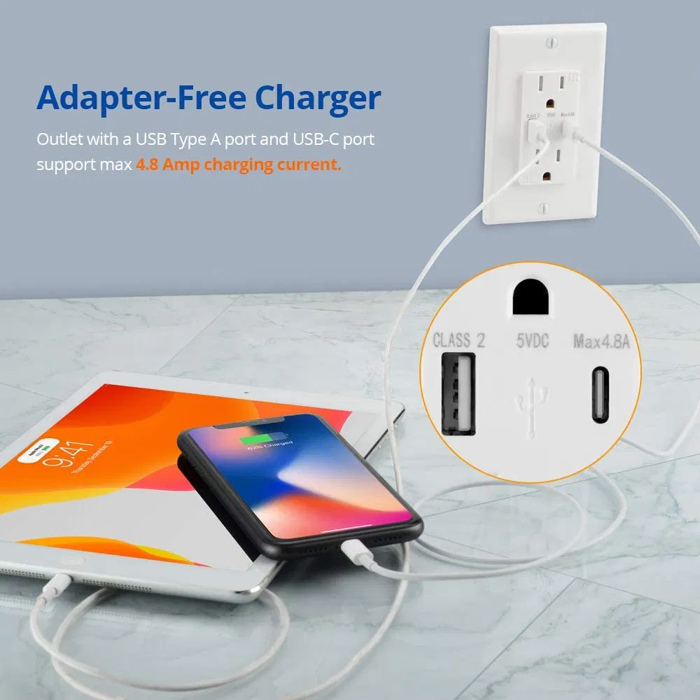 Tomada padrão dos EUA com USB tipo A e soquete de carregamento rápido tipo C
