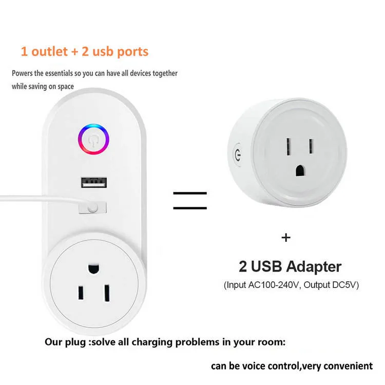Casa Inteligente 10A Tomada Inteligente Tuya WiFi com Controle Remoto por Voz Branca e 2 Soquete de Energia USB