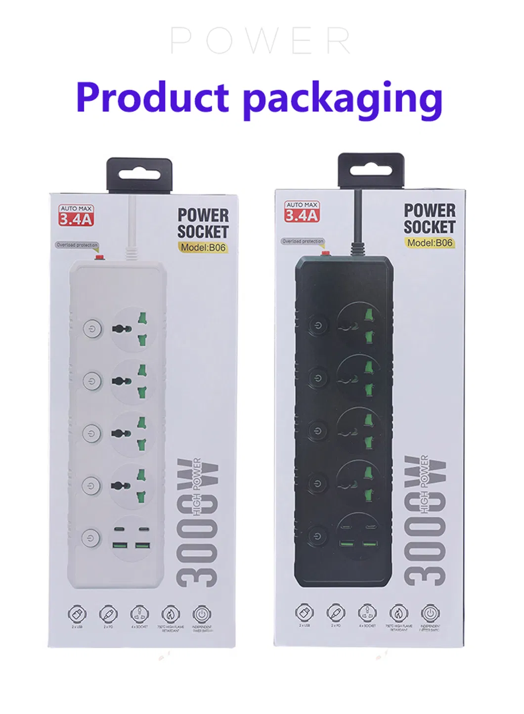3000W Fitas de Energia Multi Plug de Alta Potência com 2 M Fio