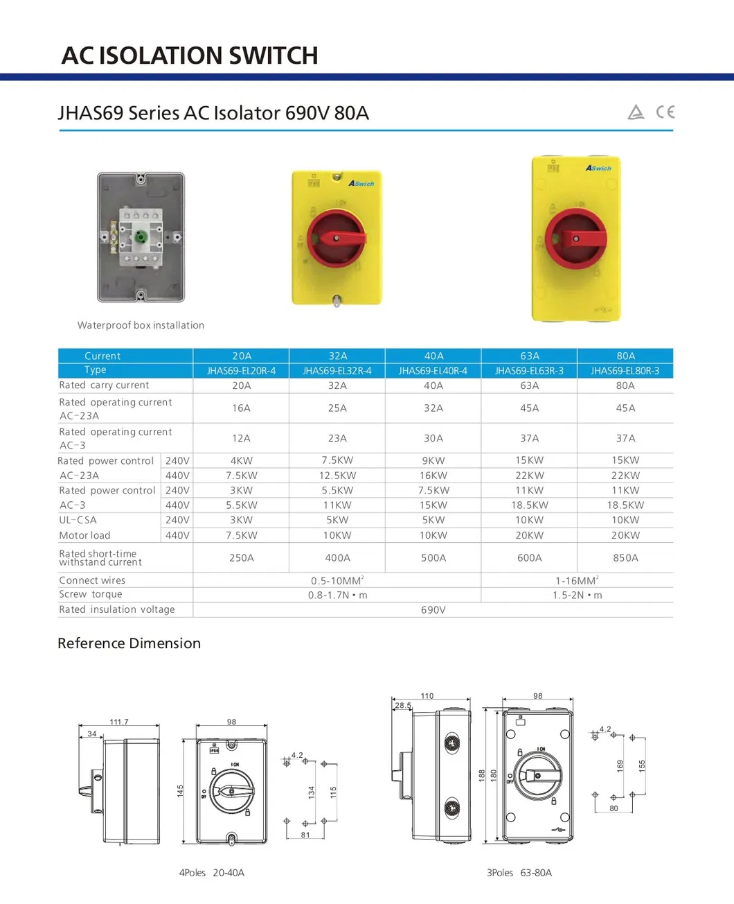 IP65 230V/440V/690V AC 10A 16A 20A 25A 32A 40A 50A 63A 80A Interruptor Isolador AC Solar PV à Prova d'Água e à Prova de Intempéries