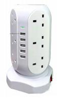 Protetor de Surto Torre de Tomadas 12 com Portas de Carregamento USB 5, Cabo de Extensão de 5.9 Pés, Branco