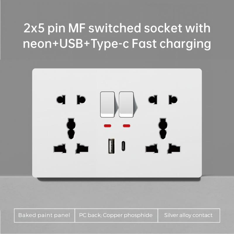 Moderno Interior Decorativo Superfície Branca Preta Brilhante 5 Buraco Tomada Multifuncional de Energia Carregamento Rápido USB Tomada de Parede Elétrica