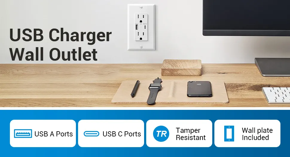 Tomada padrão dos EUA com USB tipo A e soquete de carregamento rápido tipo C