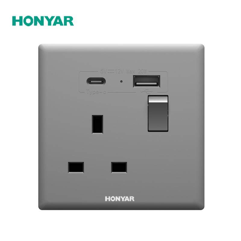 Tomada de Parede Honyar Elétrica Sem Parafuso com Sensação de Pele Única 13A e 20W Carregamento Rápido USB