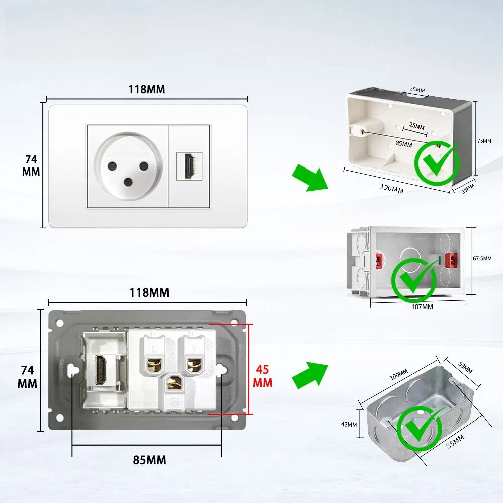Tomada de parede USB com carregamento rápido, interruptor de luz, branca, PC retardante de chama