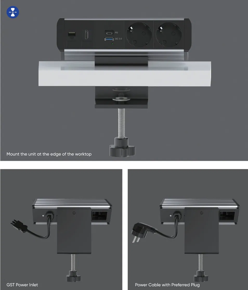 Tomadas de Mesa Multifuncionais com Pd20W Cabo Retrátil USB-C 3AC 2USB Protetor de Surto de Energia Montado na Mesa