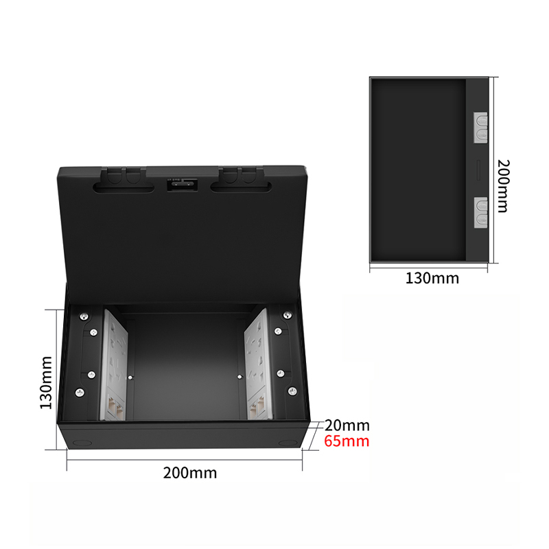 Caixa de Piso Oculta Recessada com Revestimento em Pó Preto Fosco e 4 Tomada Elétrica Universal EU UK CAT6 Módulo de Dados USB-C