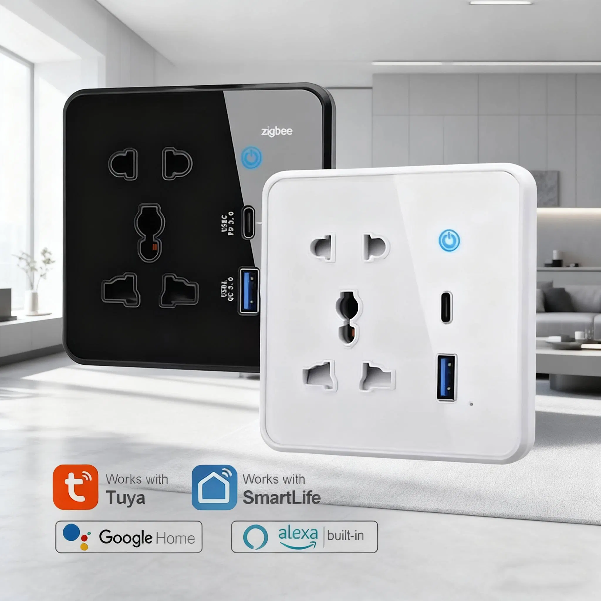 Tomada Universal Inteligente 10A Zigbee Tuya WiFi Sem Fio USB Tipo C com Alexa e Google Home Casa Inteligente