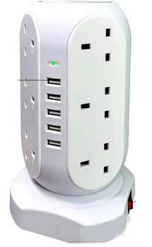 Protetor de Surto Torre de Tomadas 12 com Portas de Carregamento USB 5, Cabo de Extensão de 5.9 Pés, Branco