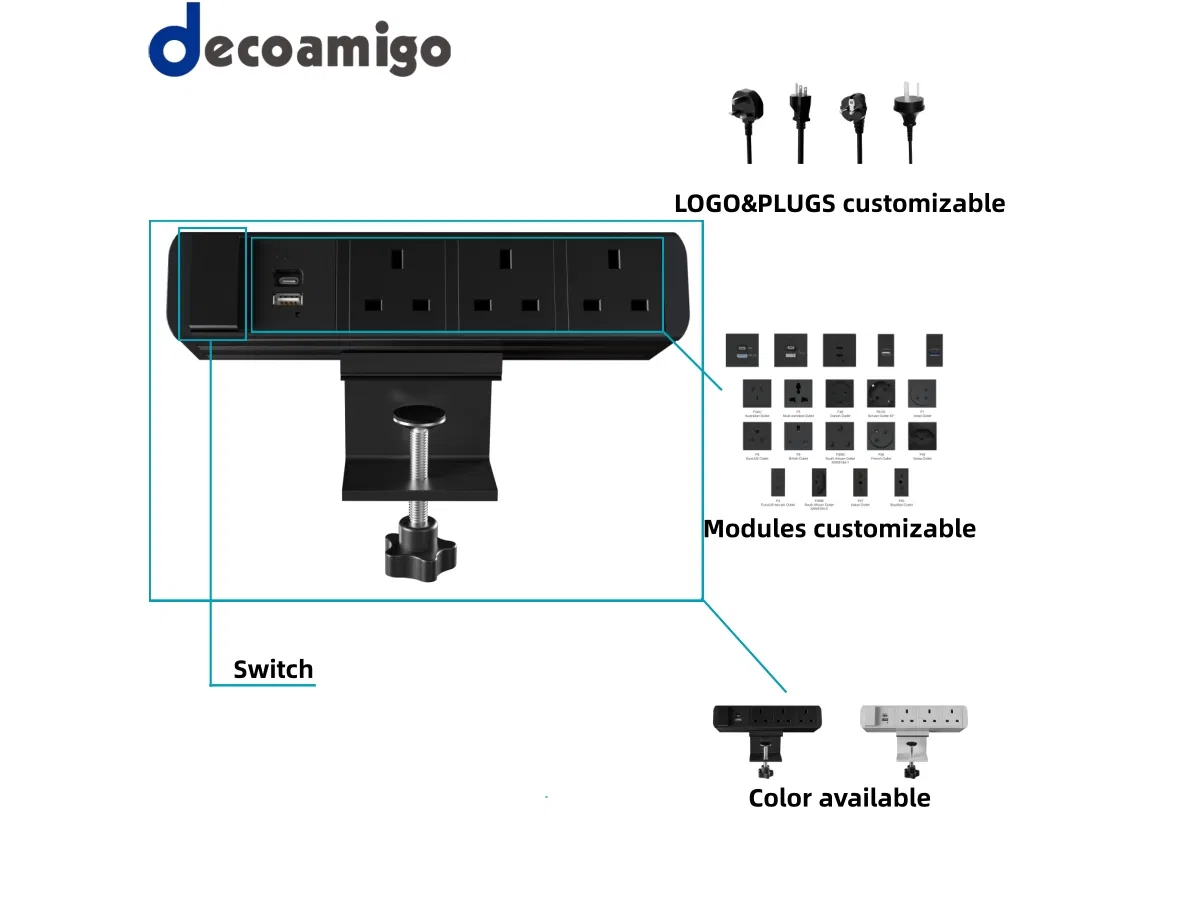 Decoamigo Tomadas de Mesa Multifuncionais com Pd20W Cabo Retrátil USB-C 3AC 2USB Protetor de Surto de Energia Montado na Mesa