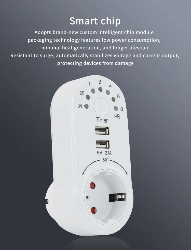 Tomada Profissional com Temporizador Mecânico para Carregamento de Carros e Tomada USB para Plugues e Tomadas