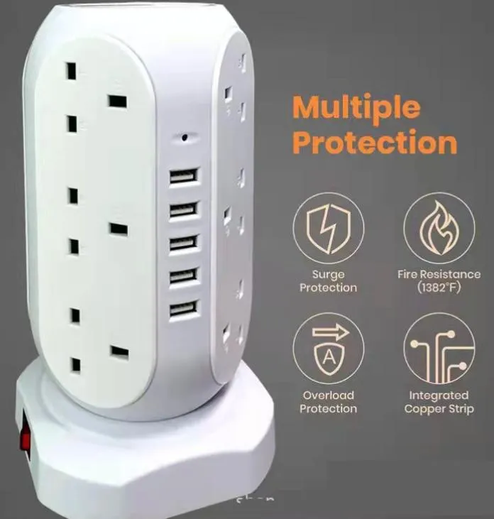 Protetor de Surto Torre de Tomadas 12 com Portas de Carregamento USB 5, Cabo de Extensão de 5.9 Pés, Branco