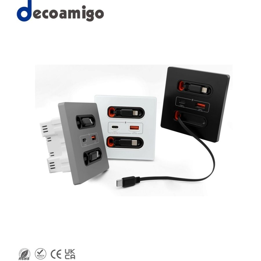 Decoamigo Inovador 2025 Soquete USB Multifuncional com Cabo de Carregamento 20W Painel de Tomada de Energia Tipo C para Parede