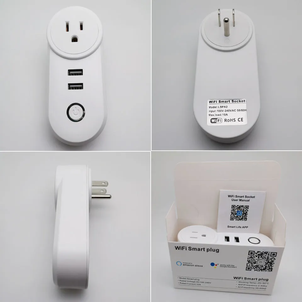 Casa Inteligente 10A Tomada Inteligente Tuya WiFi com Controle Remoto por Voz Branca e 2 Soquete de Energia USB