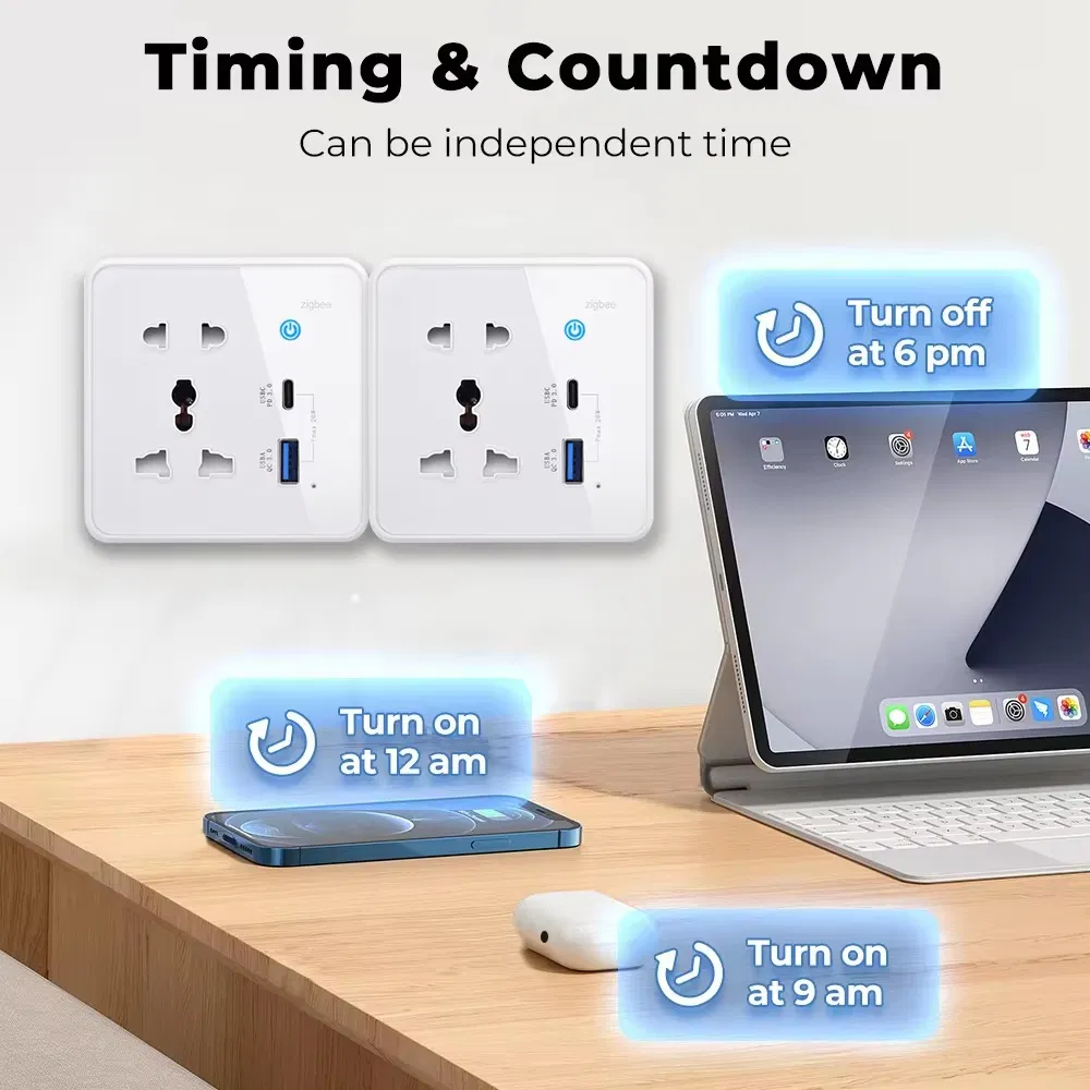 Tomada Universal Inteligente 10A Zigbee Tuya WiFi Sem Fio USB Tipo C com Alexa e Google Home Casa Inteligente