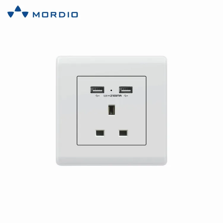 13 um Soquete de Parede Branco com Carregamento Rápido em Formato Quadrado com Duas Portas USB de Carregamento 2.1 um 5V