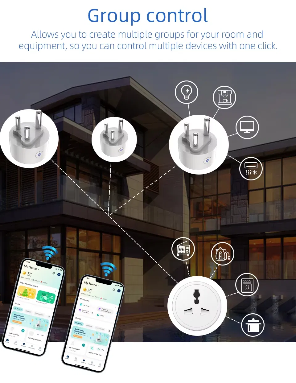 Adaptador de Plugue Inteligente Tuya Índia África do Sul para Tomada Universal Inteligente com Monitor de Energia Alexa Google, 6 Modos de Temporização, Controle em Grupo