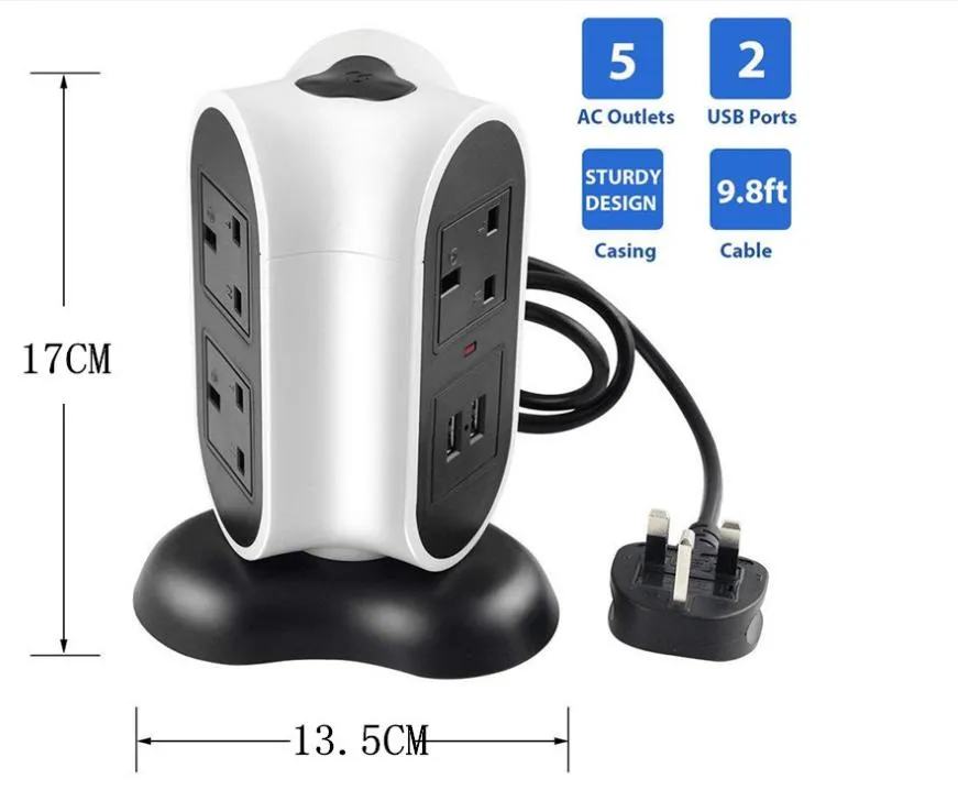 Protetor de Surto, 5 Tomadas AC 2 Portas USB, 9.8FT Cabo, Aterramento, Múltiplas Proteções para Casa, Escritório