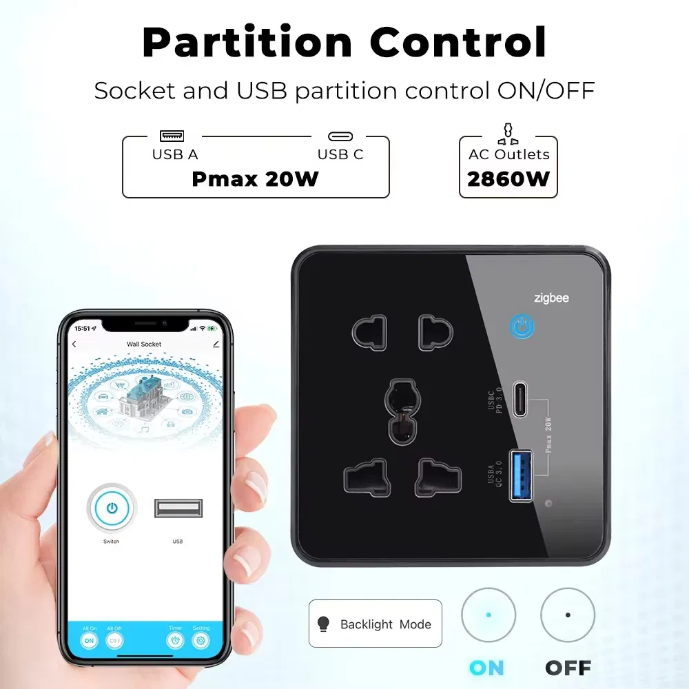 Tomada Universal Inteligente 10A Zigbee Tuya WiFi Sem Fio USB Tipo C com Alexa e Google Home Casa Inteligente