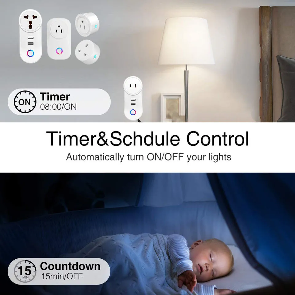 Casa Inteligente 10A Tomada Inteligente Tuya WiFi com Controle Remoto por Voz Branca e 2 Soquete de Energia USB