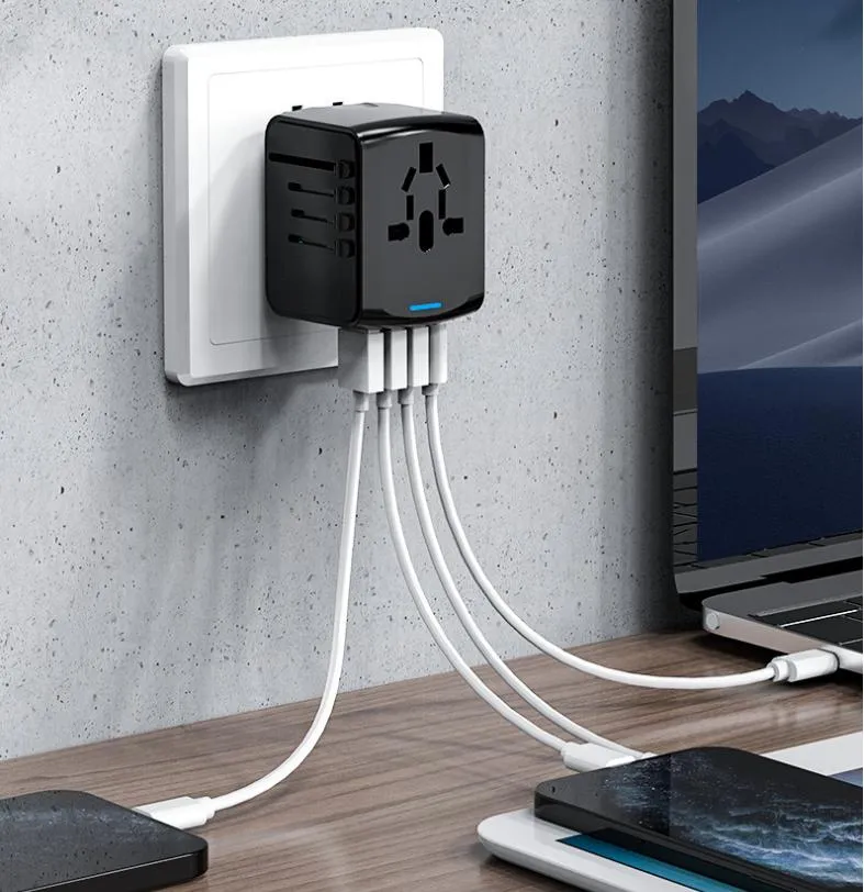 Adaptador de Saída de Energia Portátil Protetor de Plugue Conversor de Tomada Multi País 3 Adaptador USB e Tipo-C para Escritório Escola Viagem Preto