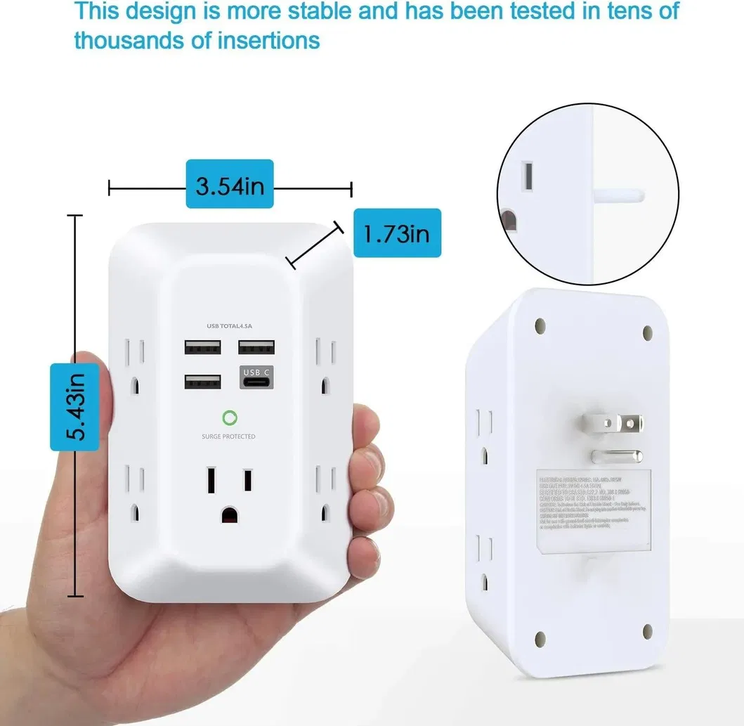 Carregador de Parede Protetor contra Sobretensão 6 Extensor de Energia com 3 Portas de Carregamento USB Montar Régua de Energia Multi Plugue Soquete de Energia para Casa Viagem Escritório