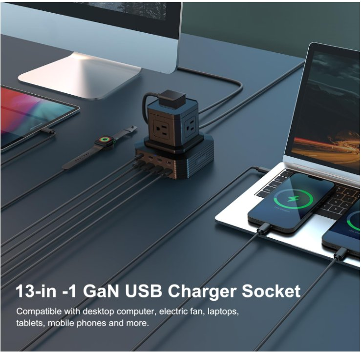 Protetor de Surto Torre de Energia, 6.6FT Extensão com 5 Tomadas AC 8 Portas USB, Proteção contra Sobrecarga para Casa, Escritório, Quarto de Estudante