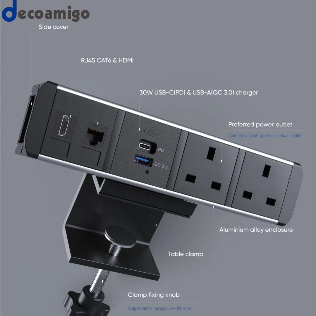 Decoamigo Tomadas de Mesa Multifuncionais com Pd20W Cabo Retrátil USB-C 3AC 2USB Protetor de Surto de Energia Montado na Mesa