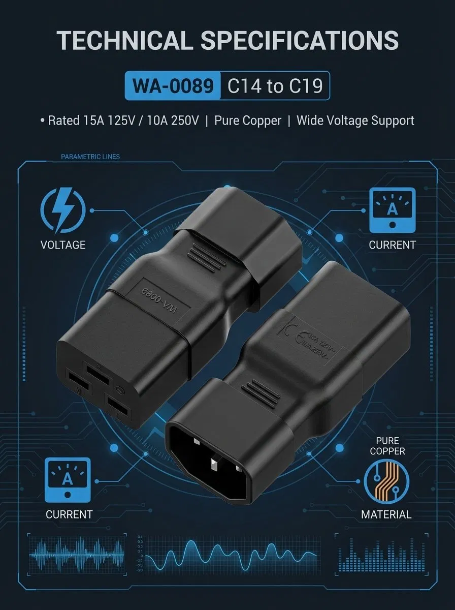 Adaptador AC IEC 320 C14 para C19, Conversor AC Vellcon IEC 15A para 10A, 16A para 10A, Conector de Energia C19 16A para C14 10A para Pud UPS, Cor Preta