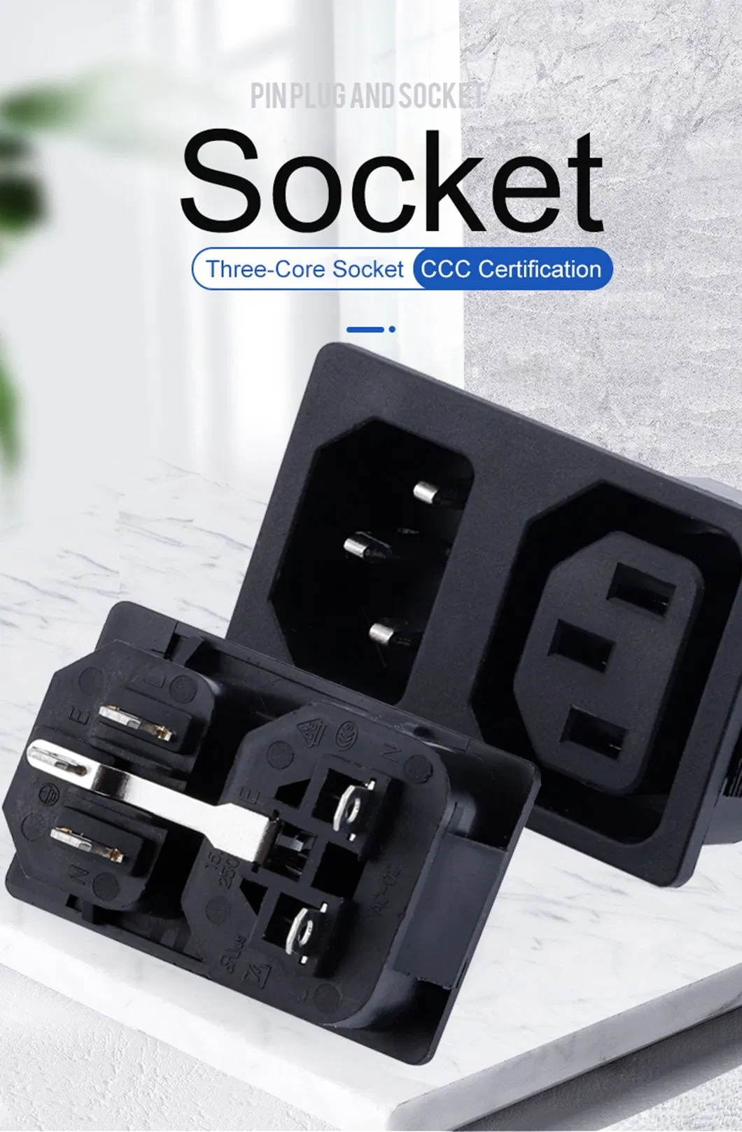 Conector AC Design Integrado C13+C14+10A 250V Fusível Tomada Macho+Fêmea Soquete