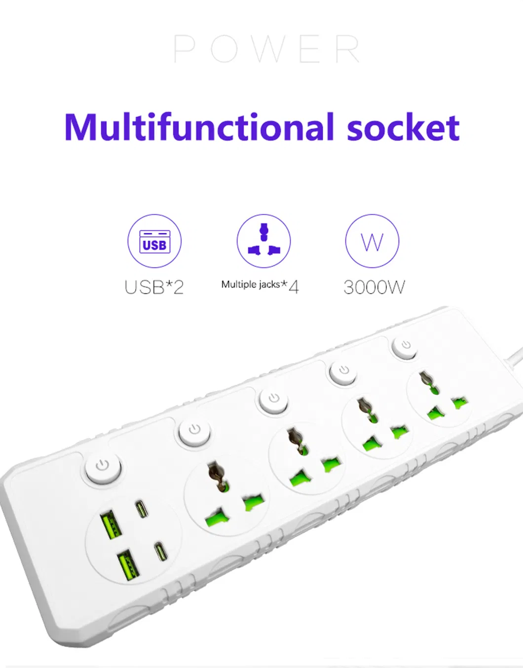 3000W Fitas de Energia Multi Plug de Alta Potência com 2 M Fio
