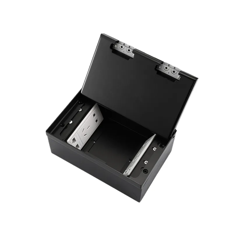 Caixa de Piso Oculta Recessada com Revestimento em Pó Preto Fosco e 4 Tomada Elétrica Universal EU UK CAT6 Módulo de Dados USB-C