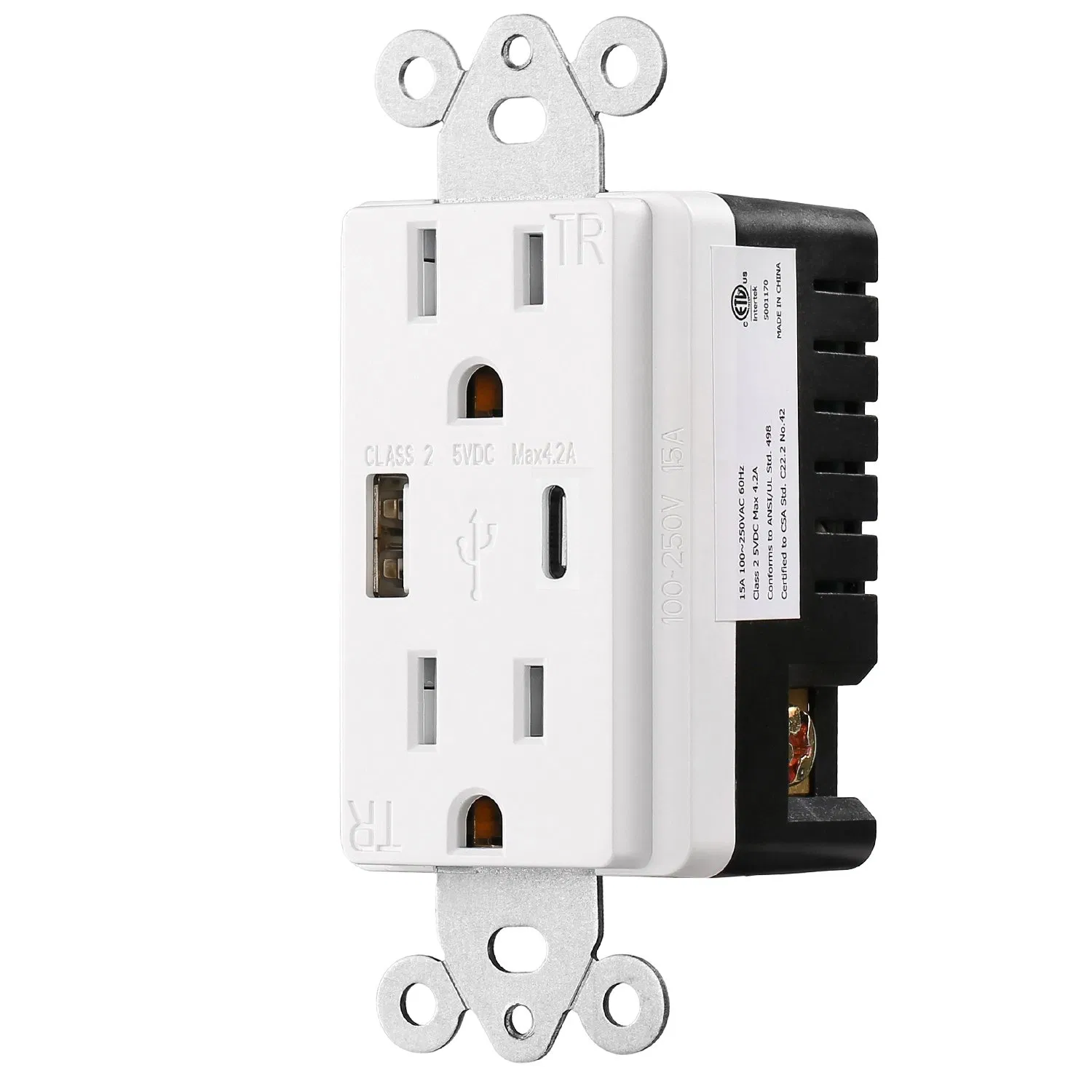 Tomada padrão dos EUA com USB tipo A e soquete de carregamento rápido tipo C