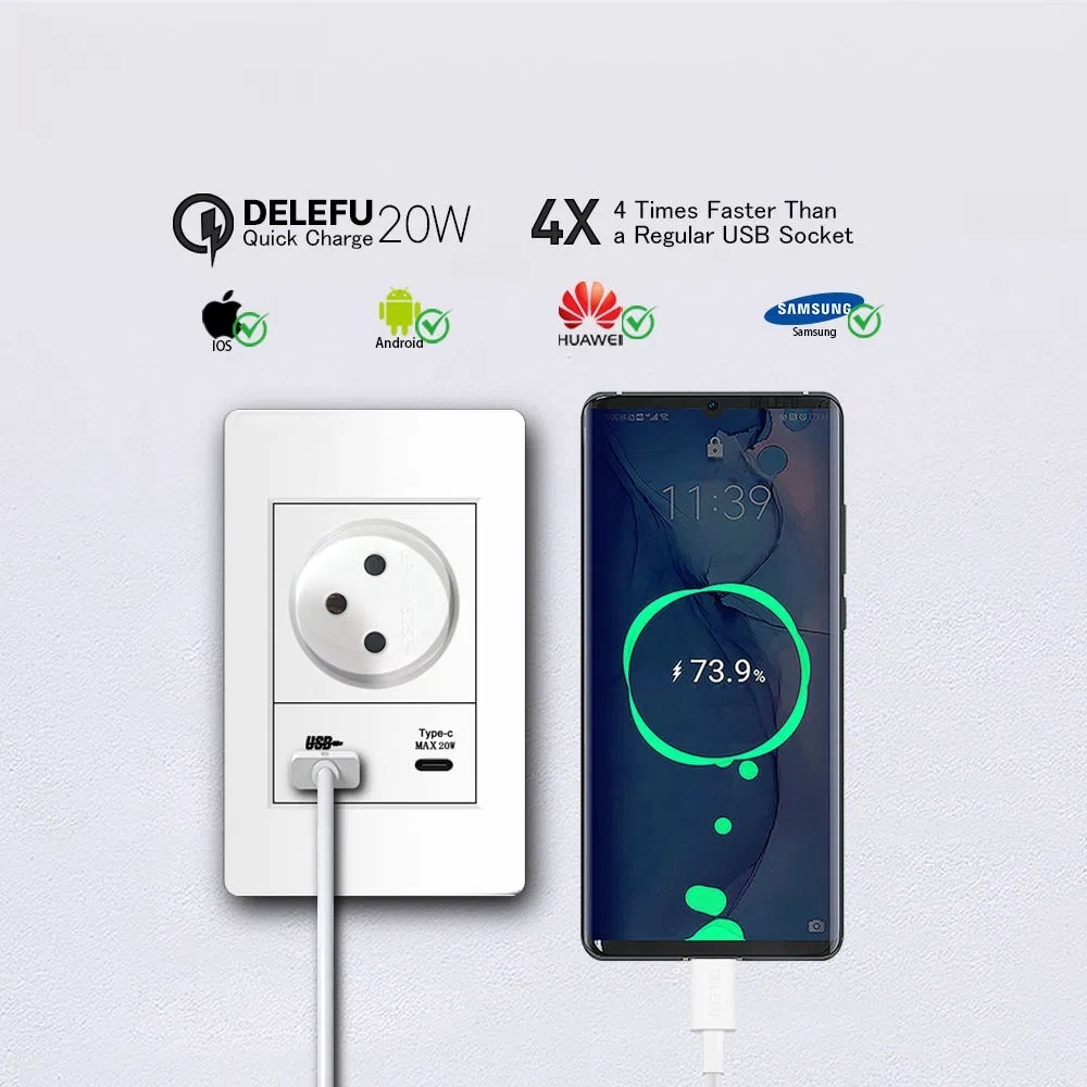 Tomada de parede USB com carregamento rápido, interruptor de luz, branca, PC retardante de chama
