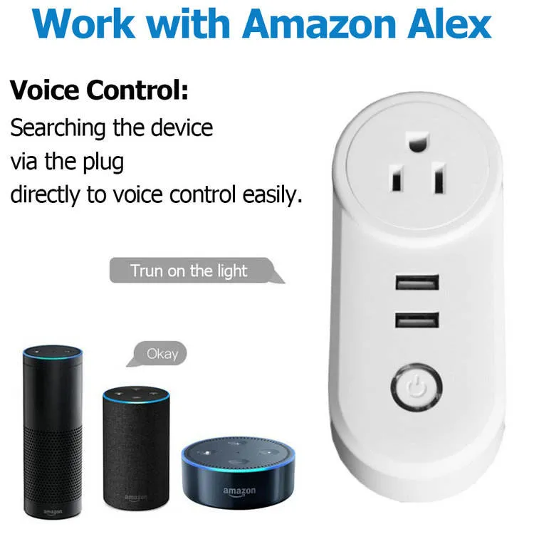 Casa Inteligente 10A Tomada Inteligente Tuya WiFi com Controle Remoto por Voz Branca e 2 Soquete de Energia USB