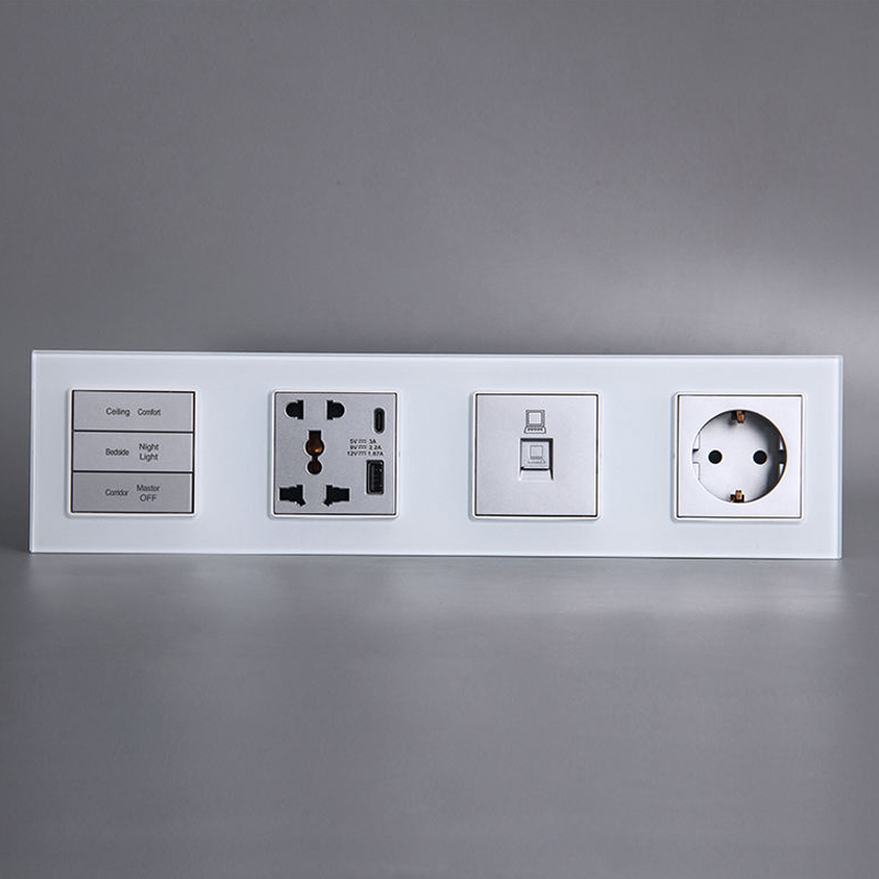Tomada de Parede Europeia com Interruptor de Botão Pressionável para Carregamento USB+Tipo C em Vidro Temperado Branco 4
