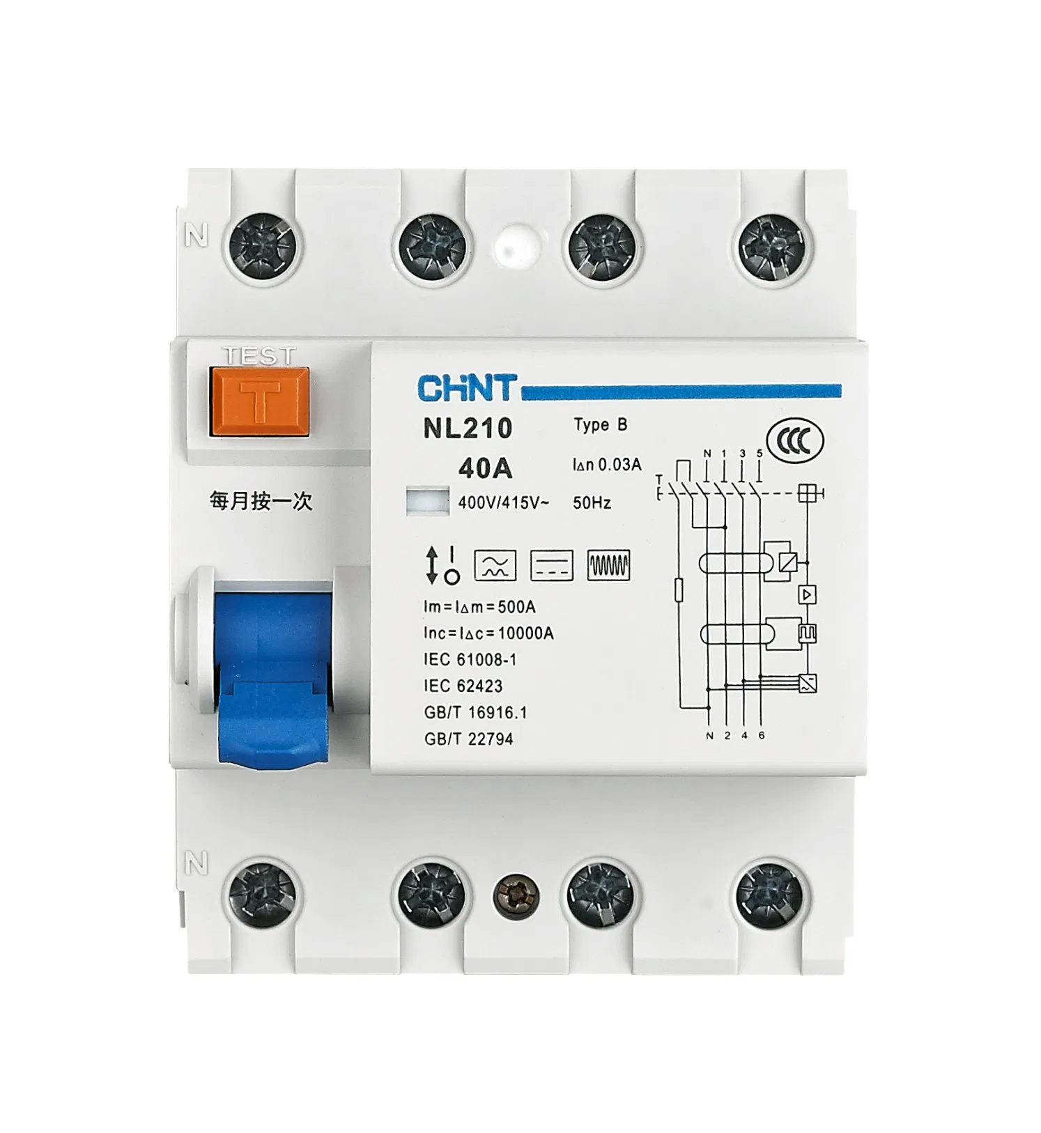 Chint Nl210 Type B RCD RCCB 4p 3p+N 25A 40A 63A Tipo B Interruptor Diferencial PV Solar EV Charging DC Residual Current Device