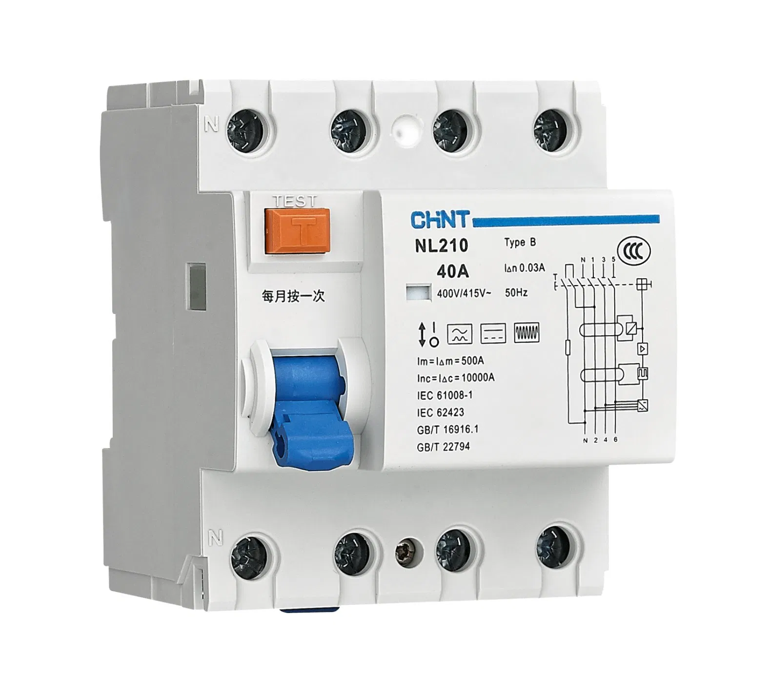 Chint Nl210 Type B RCD RCCB 4p 3p+N 25A 40A 63A Tipo B Interruptor Diferencial PV Solar EV Charging DC Residual Current Device