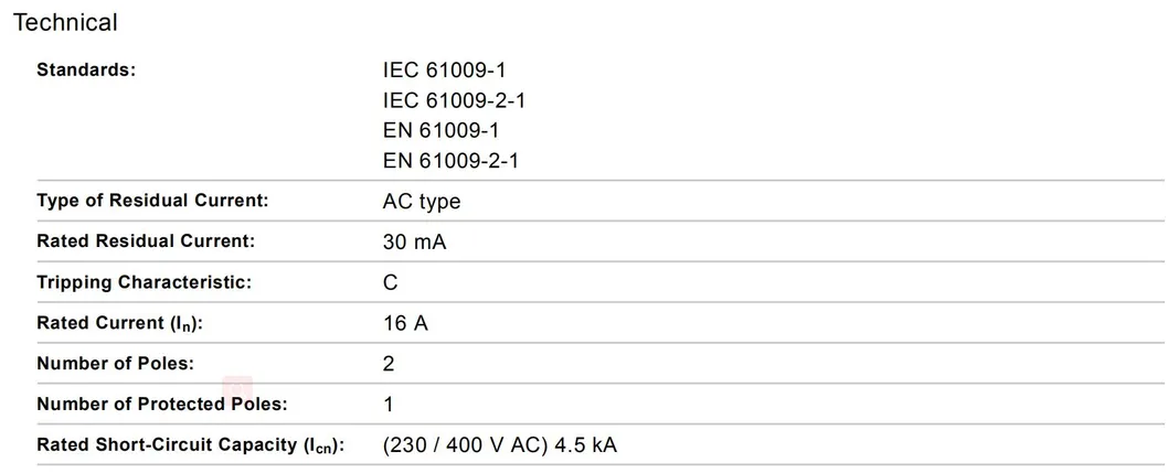 RCBO Specifications