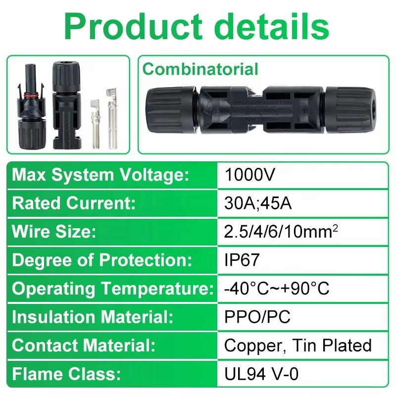 IP67 Waterproof 1000V 30A PPO Material Solar Panel Cable Connector PV Solar Connector for Solar Systems