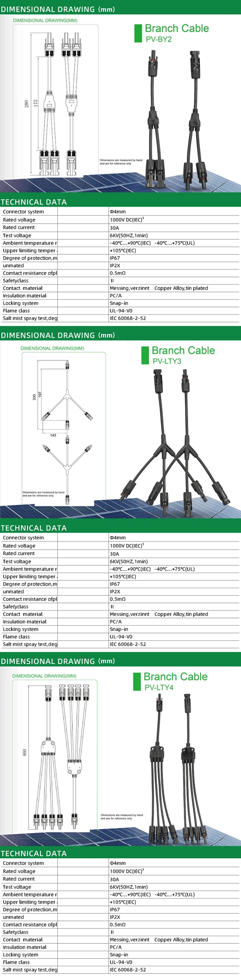 Solar Connectors Y Branch Parallel PV Adapter Cable