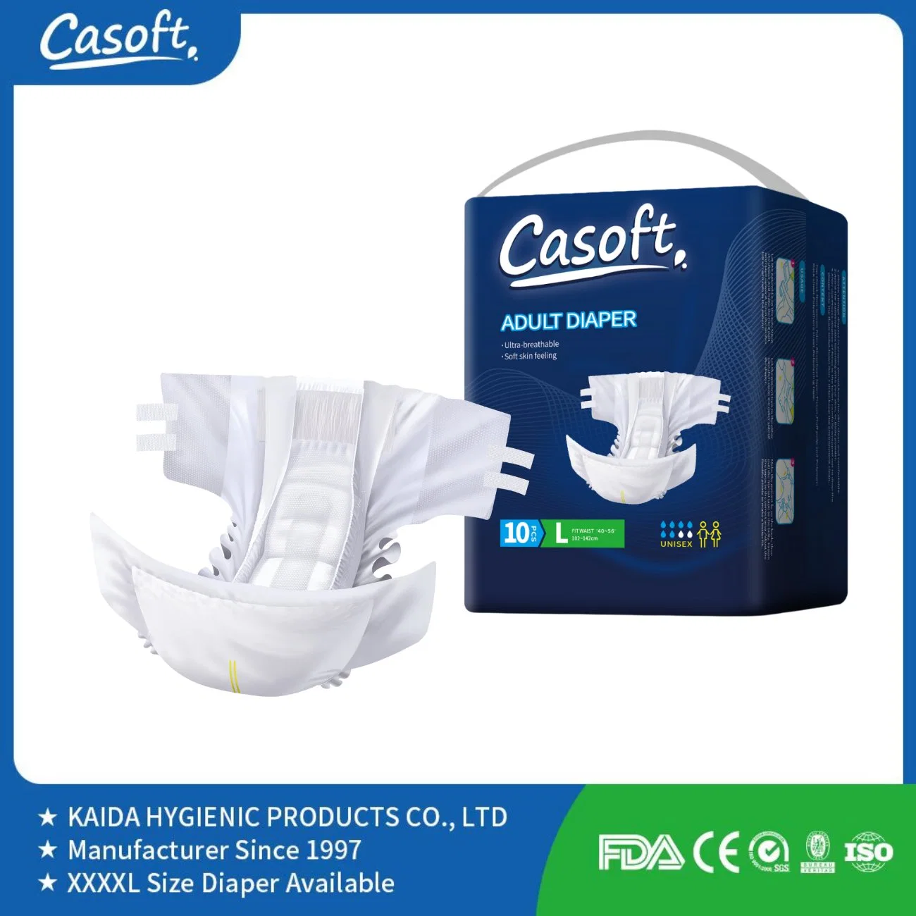 Free Samples Casoft Unisex Disposable Adult Diaper with Tabs Moderate Absorbency Incontinence Adult Diaper for Russia/USA/Australia/Brazil