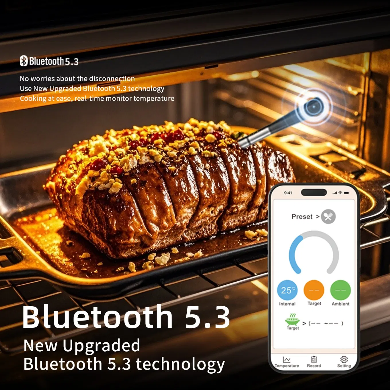 Two Sensor Digital Probe Smart Bluetooth Wireless Meat Thermometer for BBQ/Grill/Oven/Smoker/Air Fryer/Kitchen/Steak/Cooking/Food with Meat/Ambient Temperature