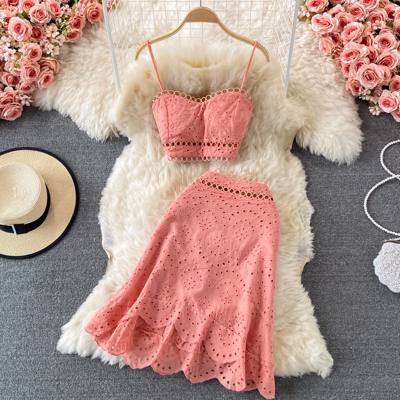 Wholesale 2026 Seaside Vacation Suit Summer New Backless Short Tube Top Sling Top High Waist Ruffle Skirt Women's Sets