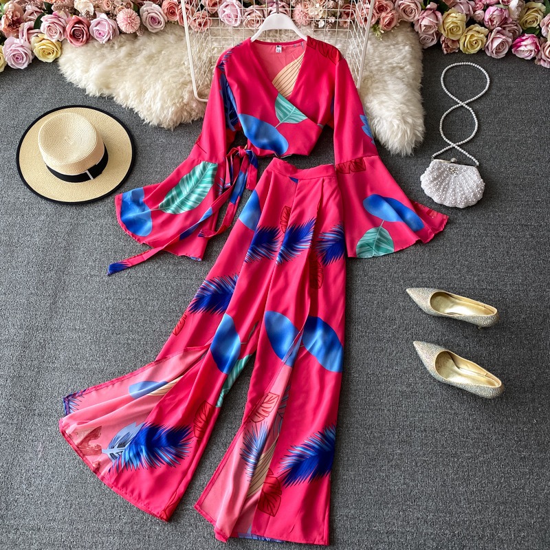 2024 New Women's Printed Suit Casual Loose Comfortable Beach Resort Style Trouser Set