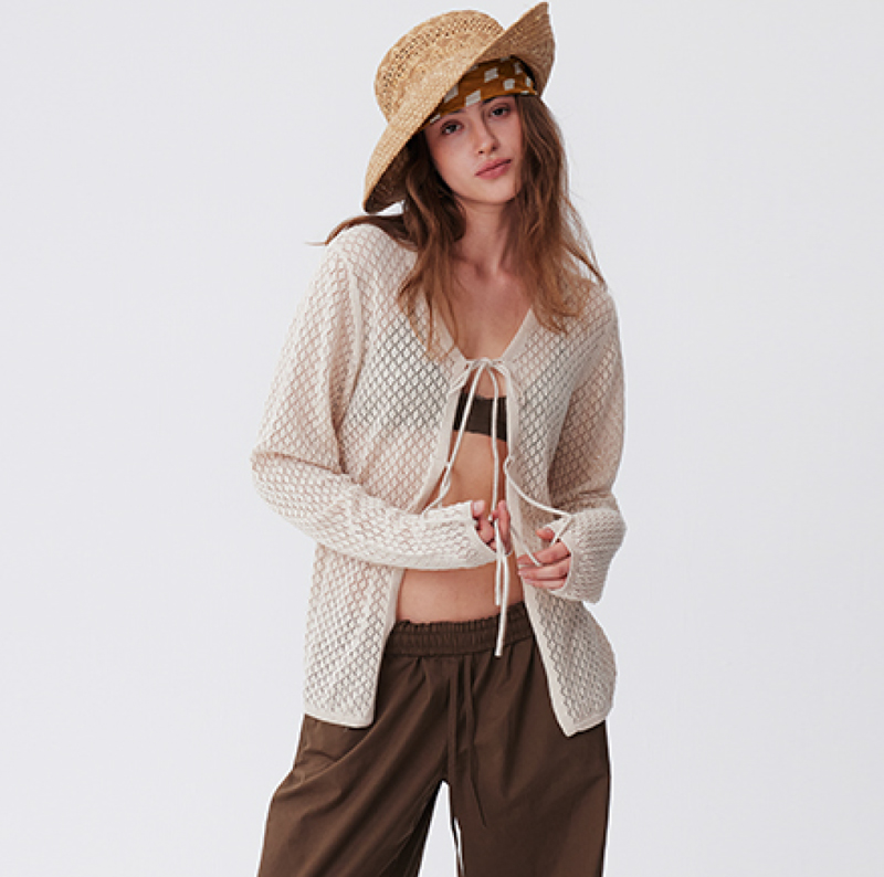 Custom Logo Designer Style Women's Summer Long Sleeve Lace Up Knit Coat Cotton Linen Blended Openwork Knit Cardigan With Lacing
