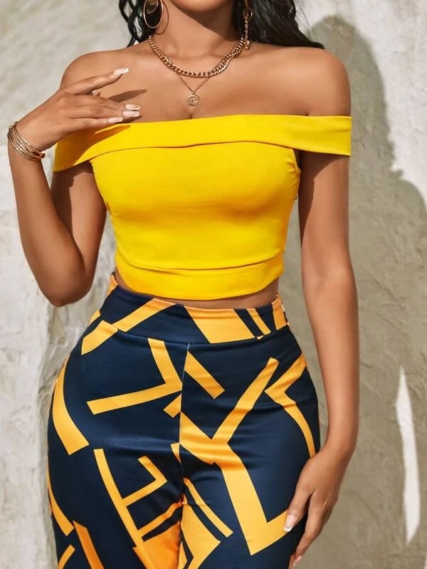 KY Woman Summer Outfits Wear Ladies Off the Shoulder Crop Tops 2022 &amp; Geometric Print Pants