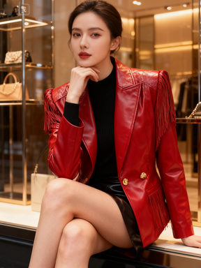 Women's Leather Coat with Back Fringe Detail 2